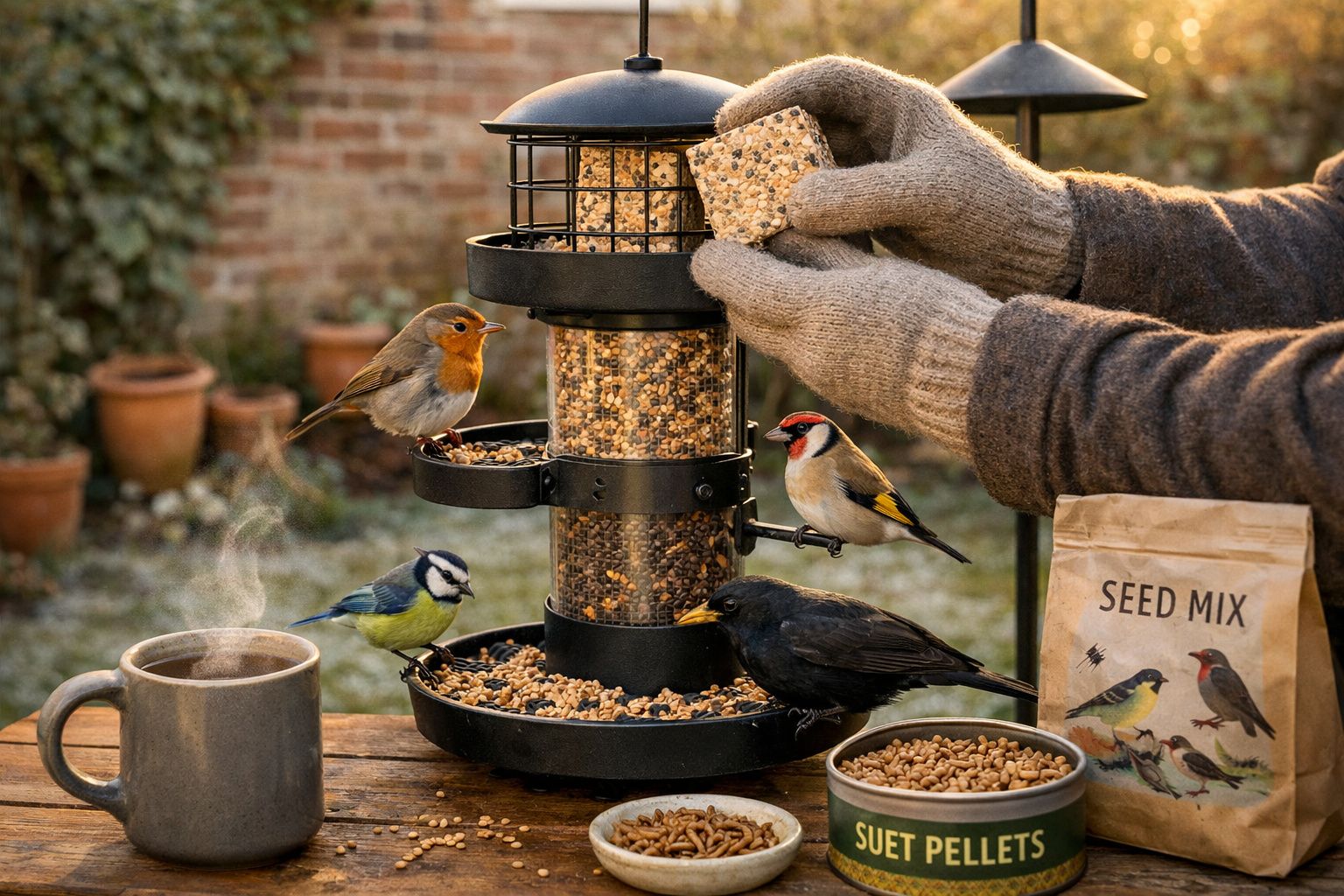 Pessoa com luvas a alimentar pássaros em comedouro com mistura de sementes num ambiente ao ar livre.