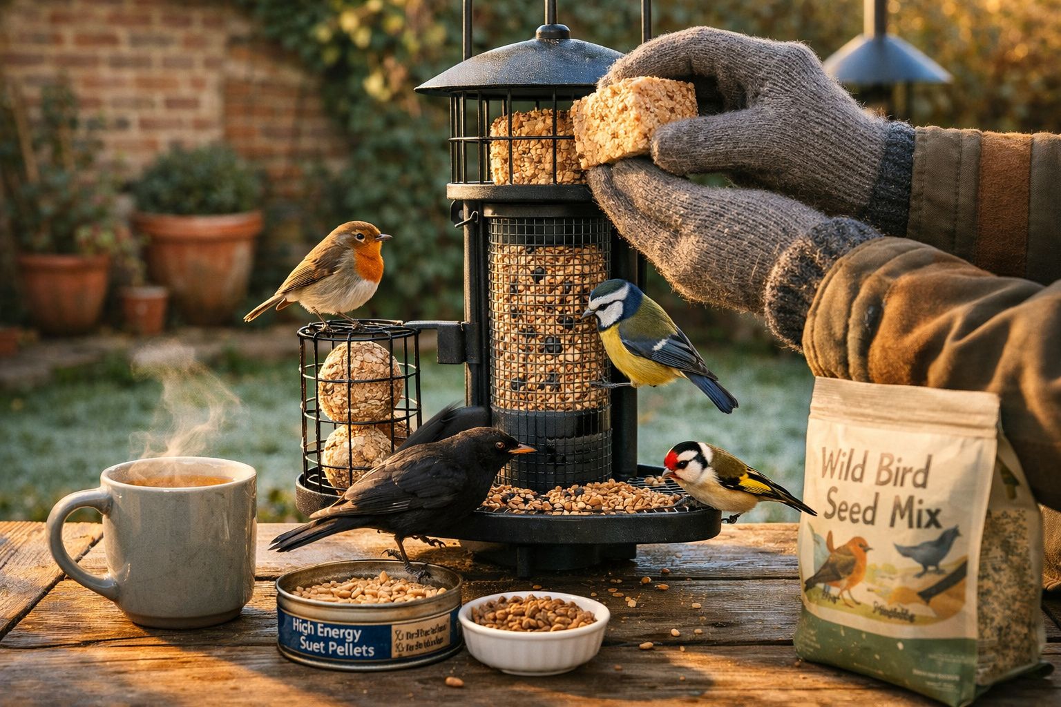 Mãos com luvas a colocar comida para pássaros num comedouro, vários pássaros alimentam-se, chá quente ao lado.