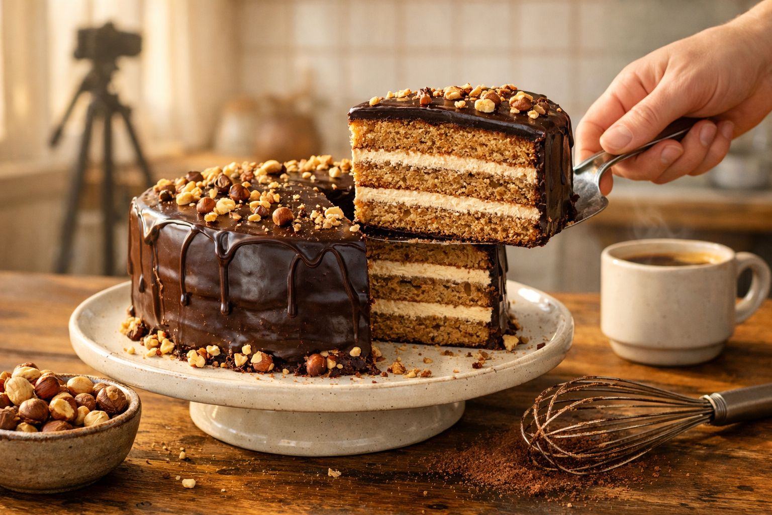 Bolo de chocolate com recheio cremoso e avelãs, fatia a ser servida com uma chávena de café ao lado.