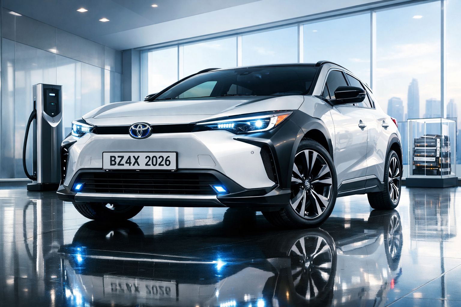 Carro elétrico Toyota BZ4X branco estacionado junto a posto de carregamento em ambiente moderno com janelas panorâmicas.