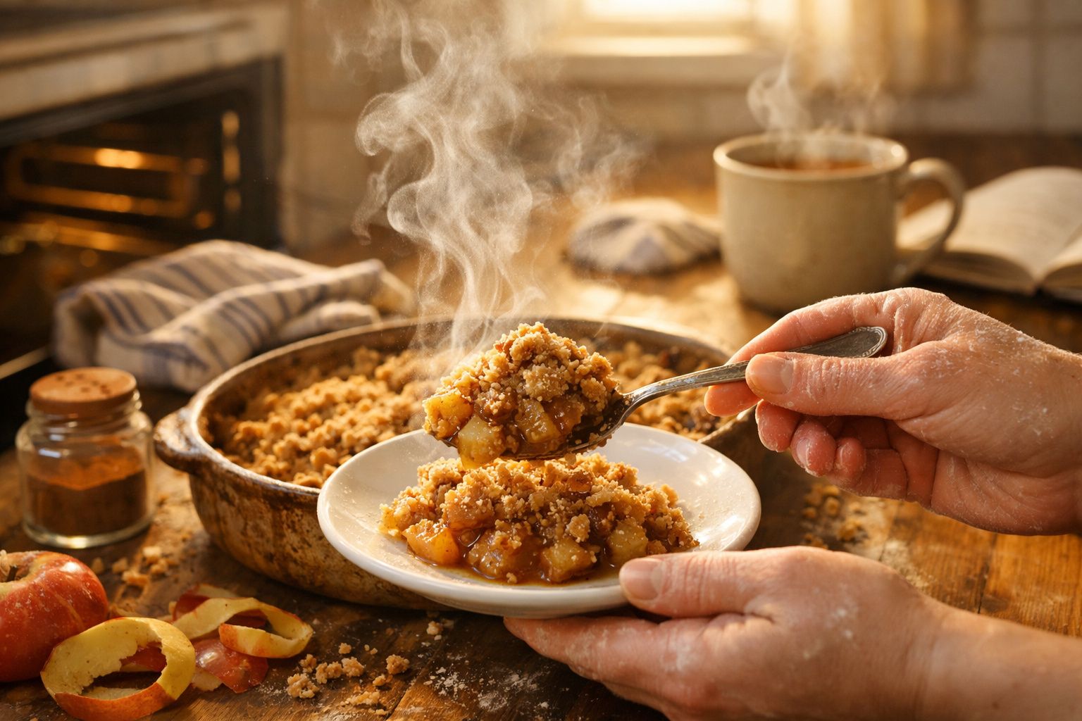 Crumble de maçã quente servido num prato branco, com vapor e mãos segurando colher e prato.