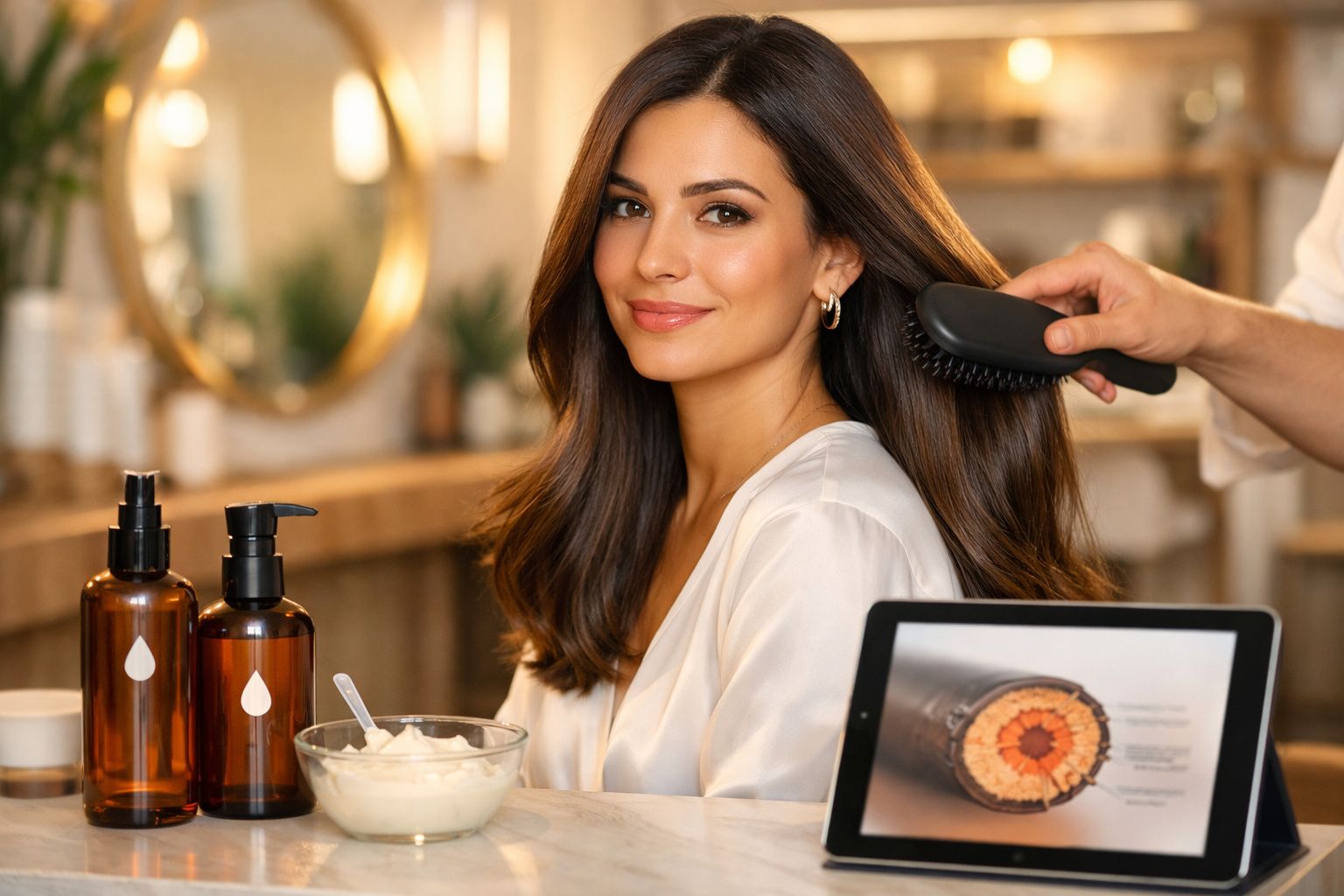 Mulher com cabelo castanho a ser escovada, rodeada de produtos de cuidado capilar num ambiente acolhedor.