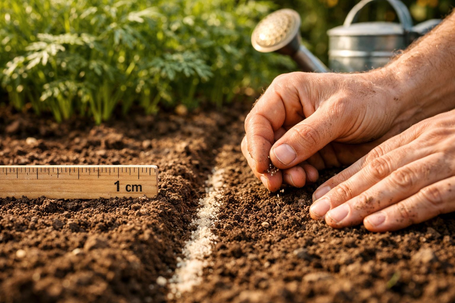Mãos a semear sementes no solo preparado, com régua de madeira e regador ao fundo no jardim.