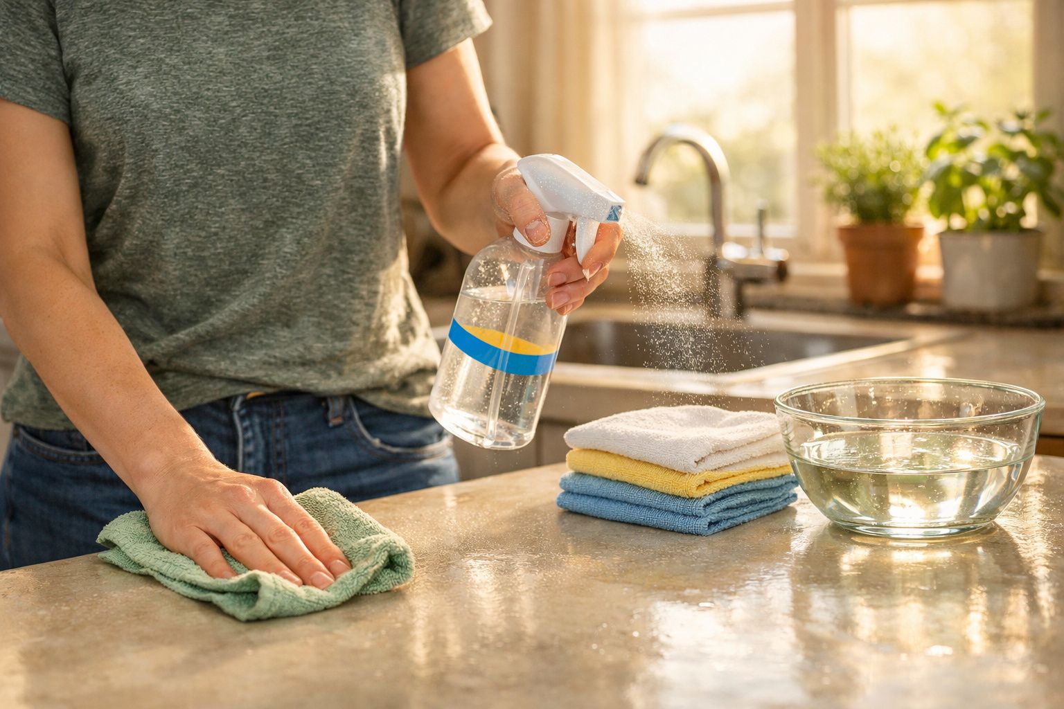 Pessoa a limpar uma superfície de cozinha com spray e pano, com panos empilhados e taça de água ao lado.