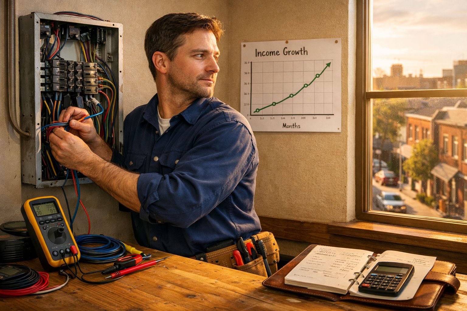Homem a trabalhar em quadro elétrico, com gráfico de crescimento de rendimentos e janela para rua ao fundo.