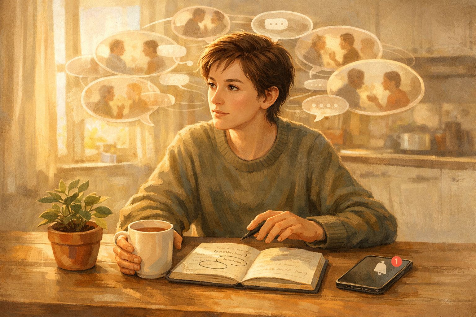 Pessoa pensativa a olhar para o lado, sentada com café, livro aberto e telemóvel com notificação numa mesa de madeira.