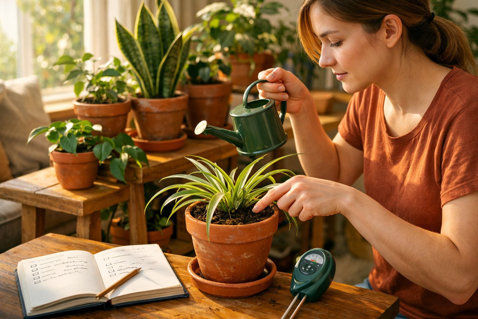Mulher a regar planta em vaso terracota, com várias plantas e caderno numa mesa interior iluminada.