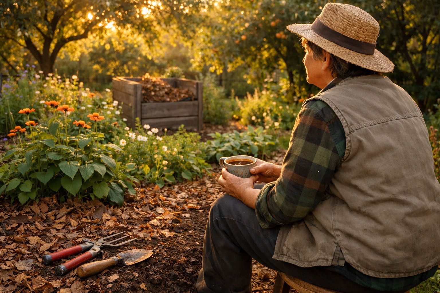 Pessoa idosa de chapéu sentada no jardim ao pôr do sol a segurar uma chávena de chá ou café.