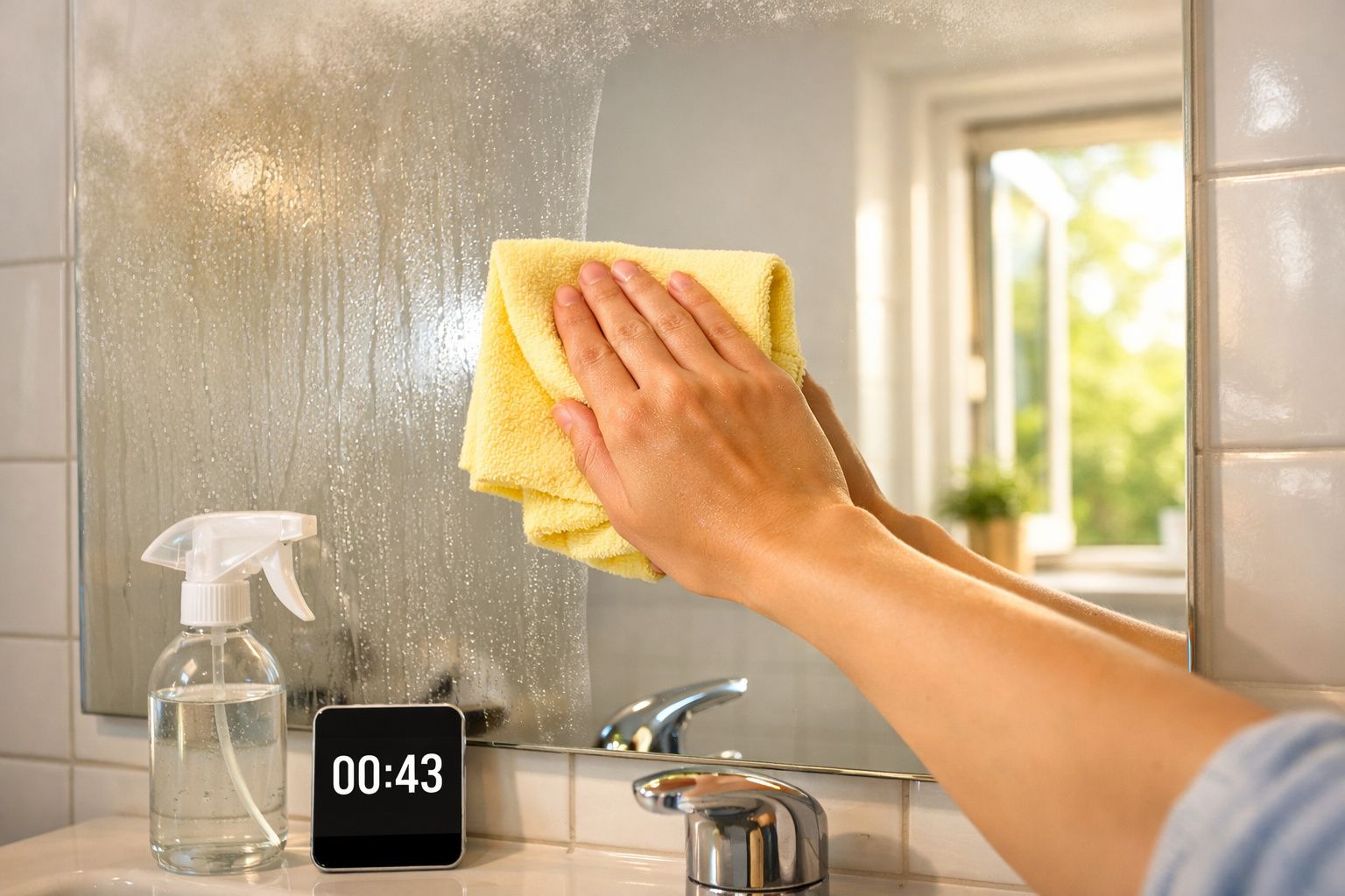 Mão a limpar espelho de casa de banho com pano amarelo e pulverizador visível numa bancada branca.