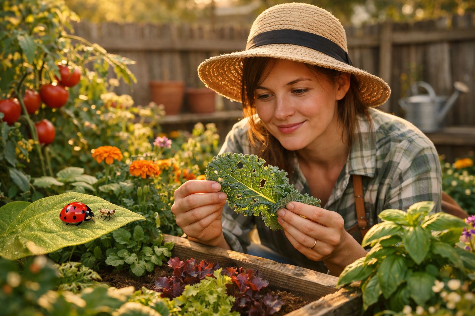 Mulher de chapéu de palha examina folha de couve num jardim com plantas, flores e insetos.