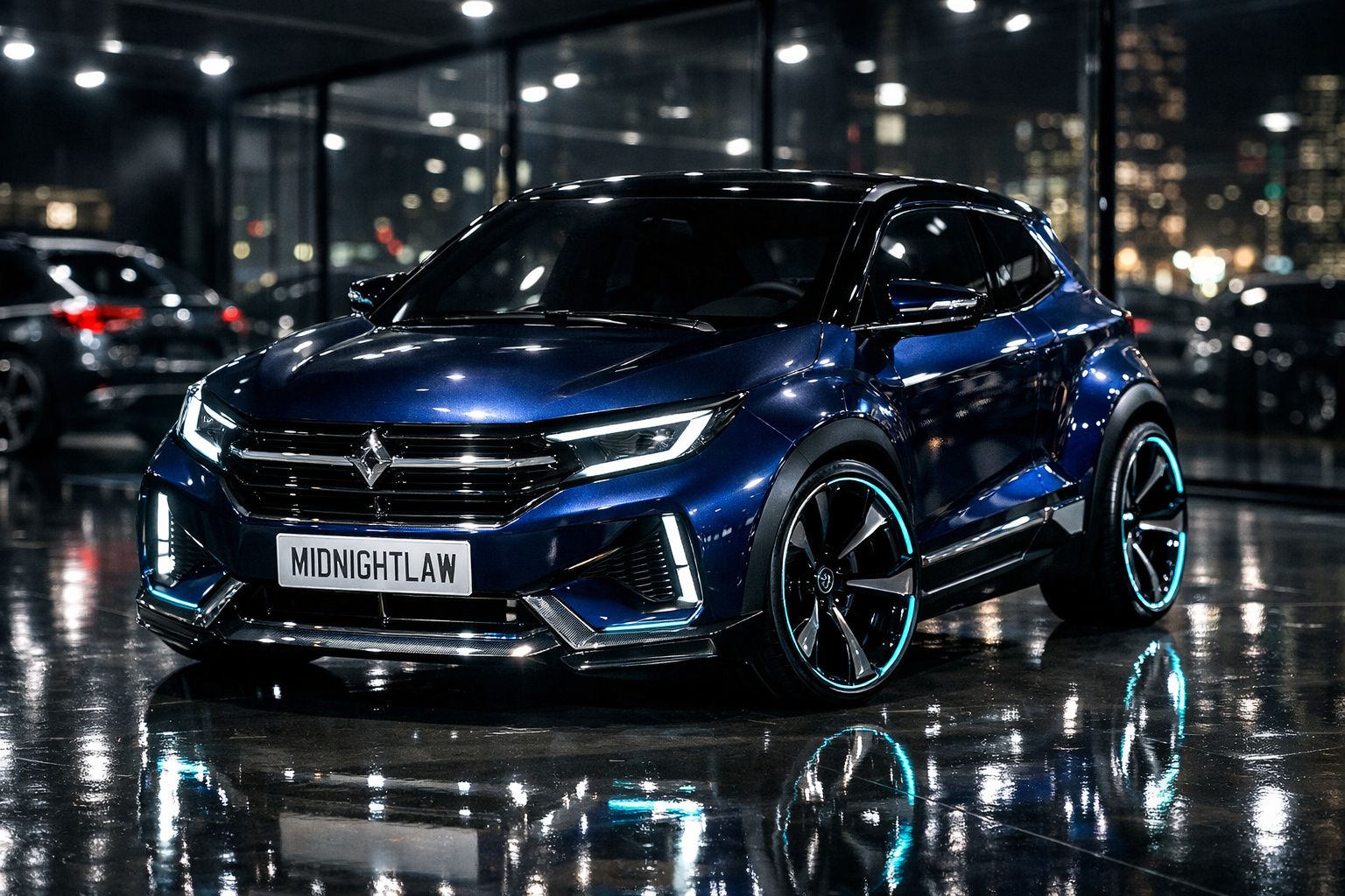 Carro desportivo azul metálico estacionado em ambiente urbano noturno com luzes refletidas no chão molhado.