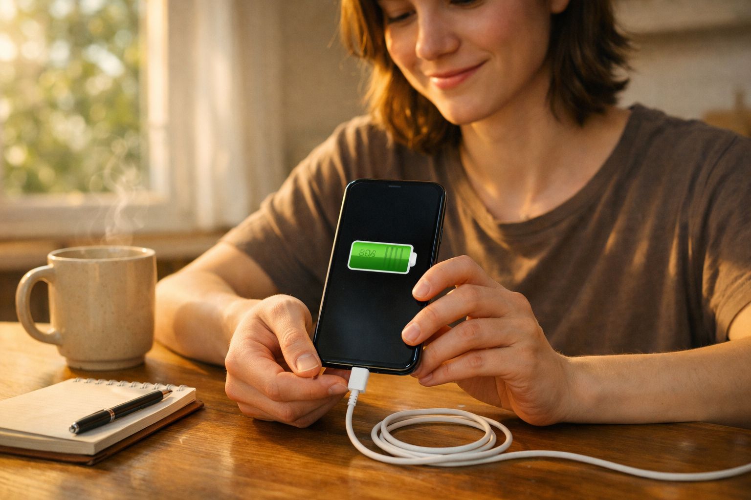 Pessoa a sorrir enquanto carrega telemóvel com indicador de bateria cheia, ao lado de chá quente e caderno.