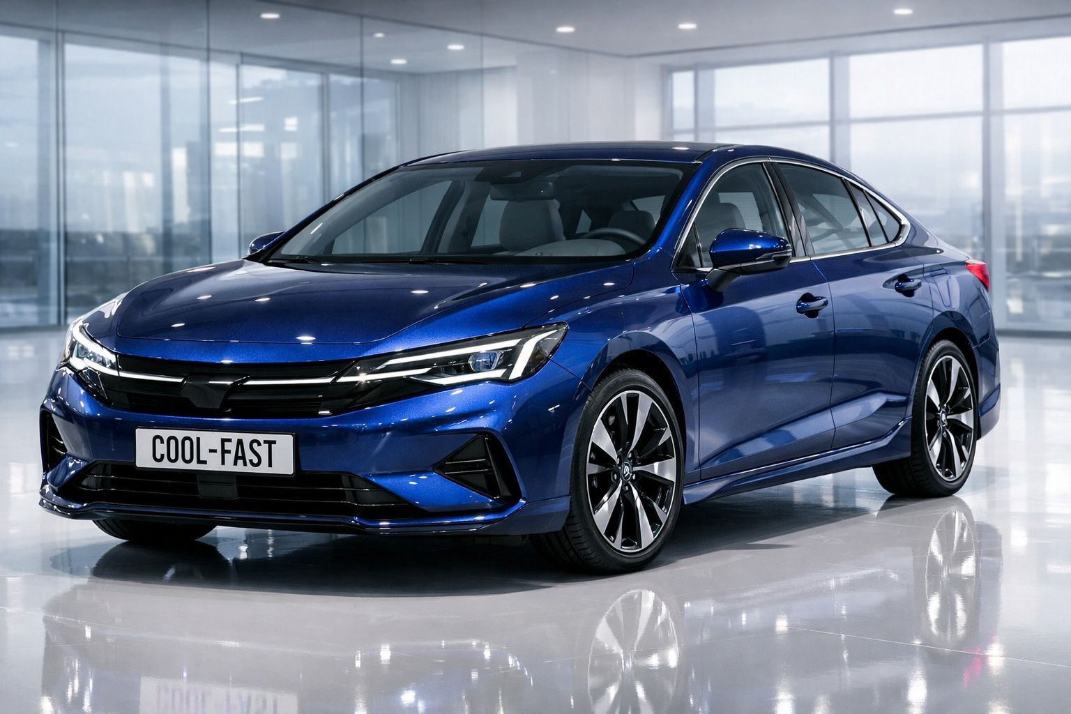 Automóvel sedan azul metálico estacionado em ambiente interior moderno e luminoso.