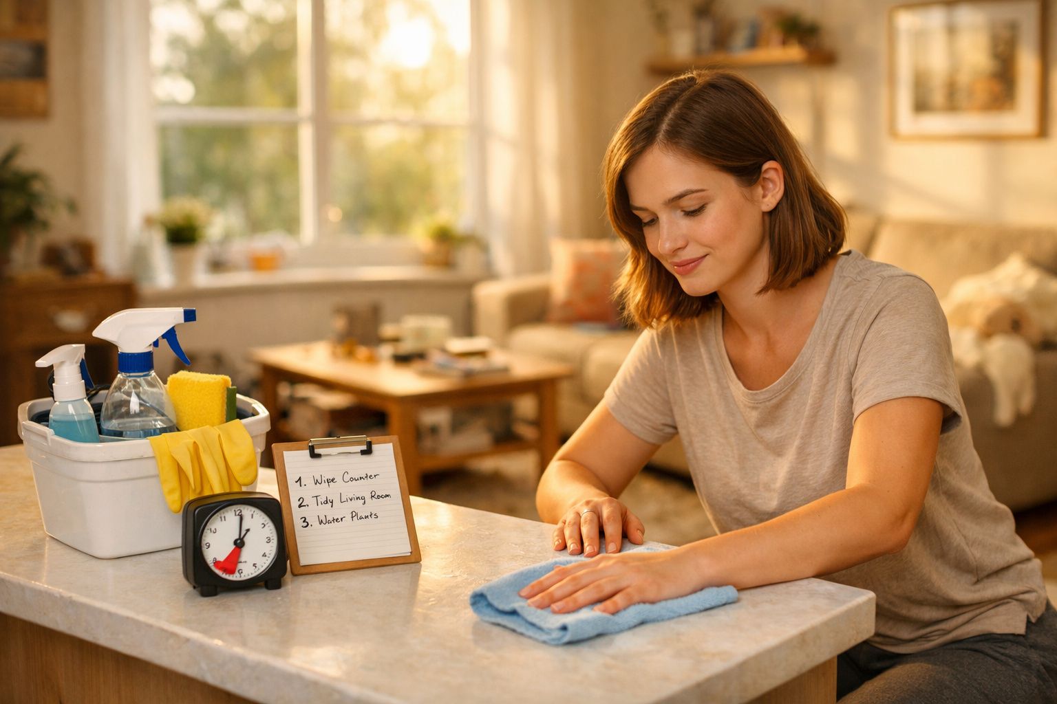Mulher a limpar mesa da cozinha com panos, produtos de limpeza e lista de tarefas visíveis ao lado.