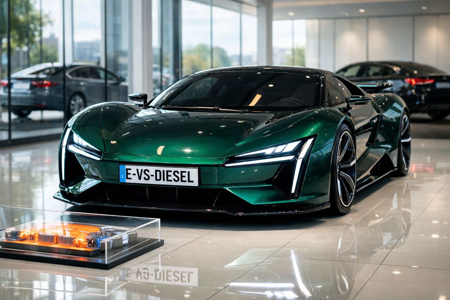 Carro desportivo elétrico verde escuro num showroom, com luzes LED e matrícula E-VS-DIESEL.