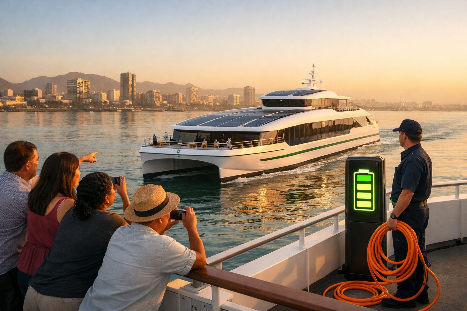 Pessoas observam e fotografam um moderno ferry elétrico a chegar ao cais ao pôr do sol.