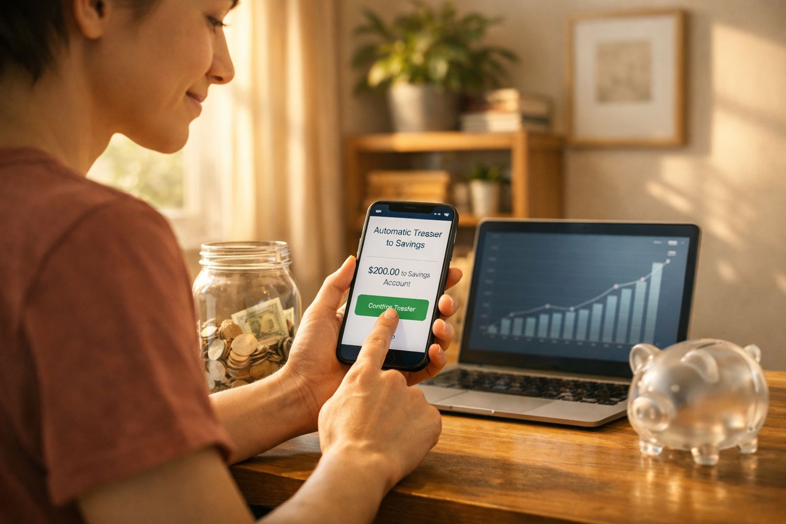 Pessoa a usar telemóvel para transferir dinheiro para poupanças, com cofre e gráfico de crescimento no ecrã do portátil.
