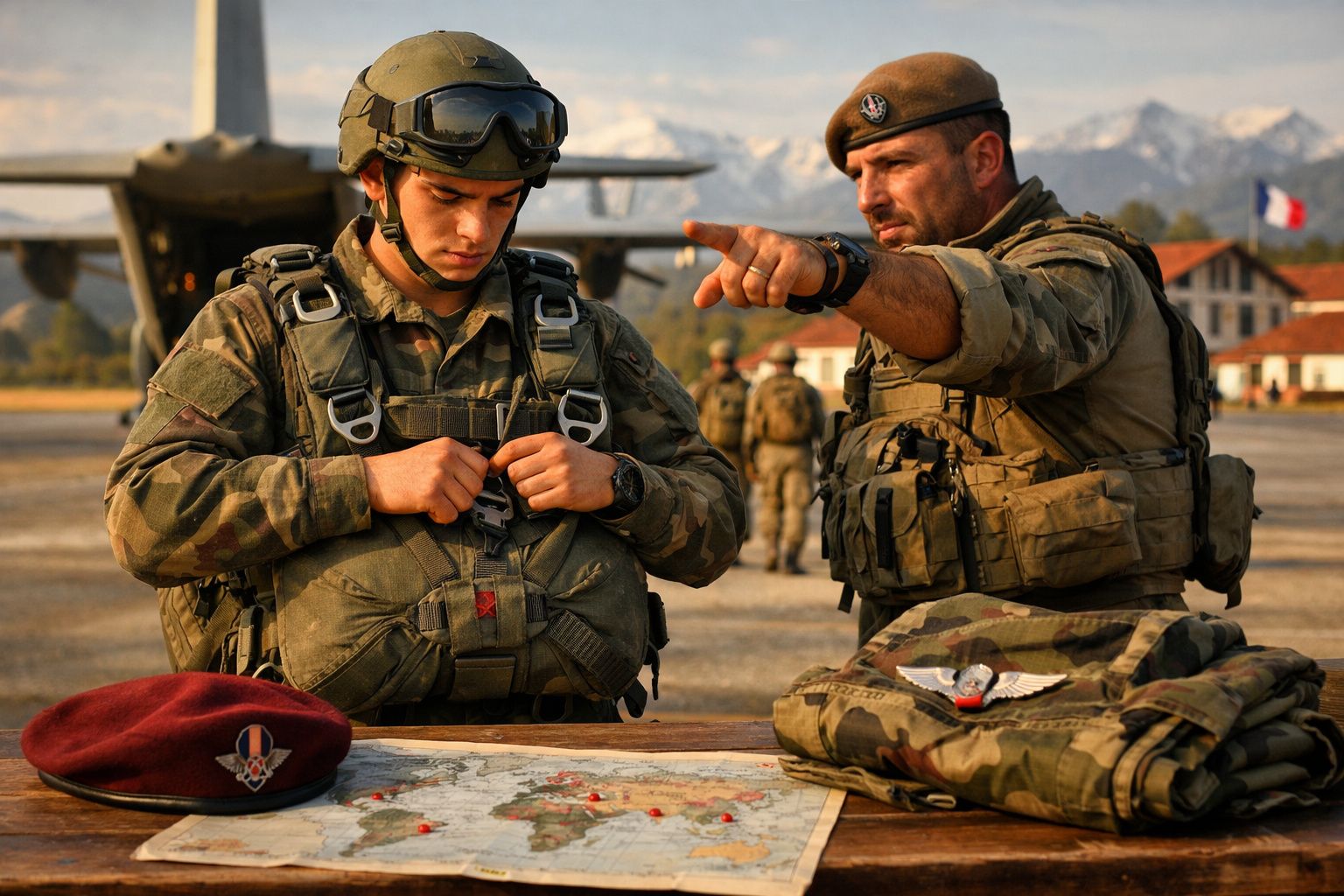 Soldado a preparar equipamento de paraquedismo com instruções de militar num aeroporto militar.