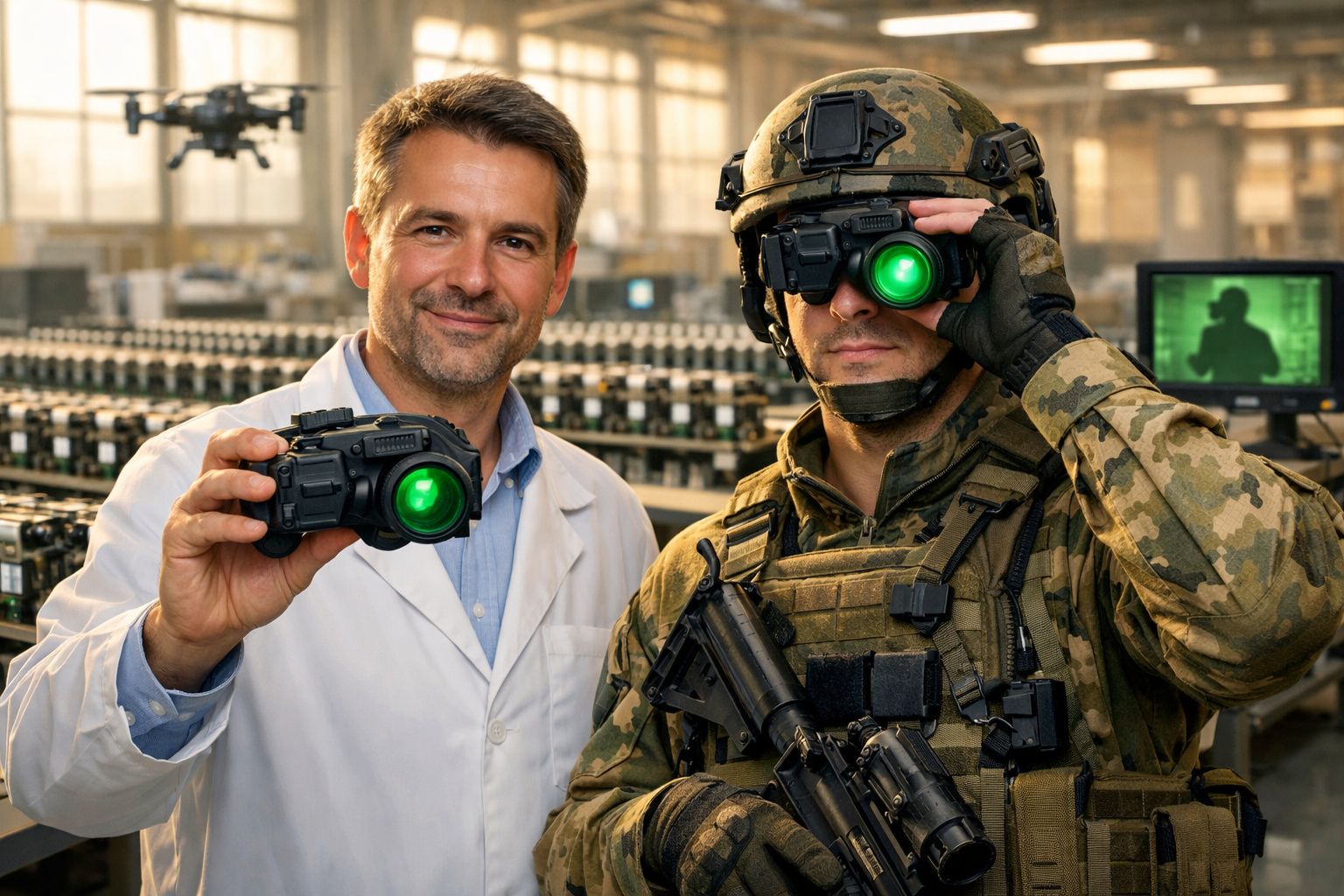 Cientista com bata branca e soldado em uniforme camuflado com equipamento de visão noturna verde.