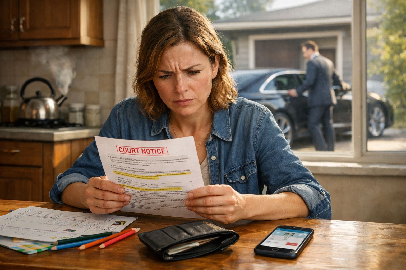 Mulher preocupada lê notificação judicial sentada à mesa, com carteira e telemóvel à frente.