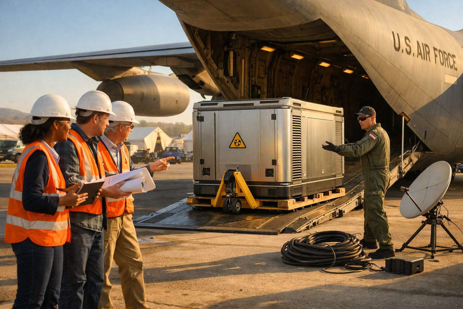 Militares e técnicos em colete laranja supervisam descarga de carga suspeita de avião da Força Aérea dos EUA.