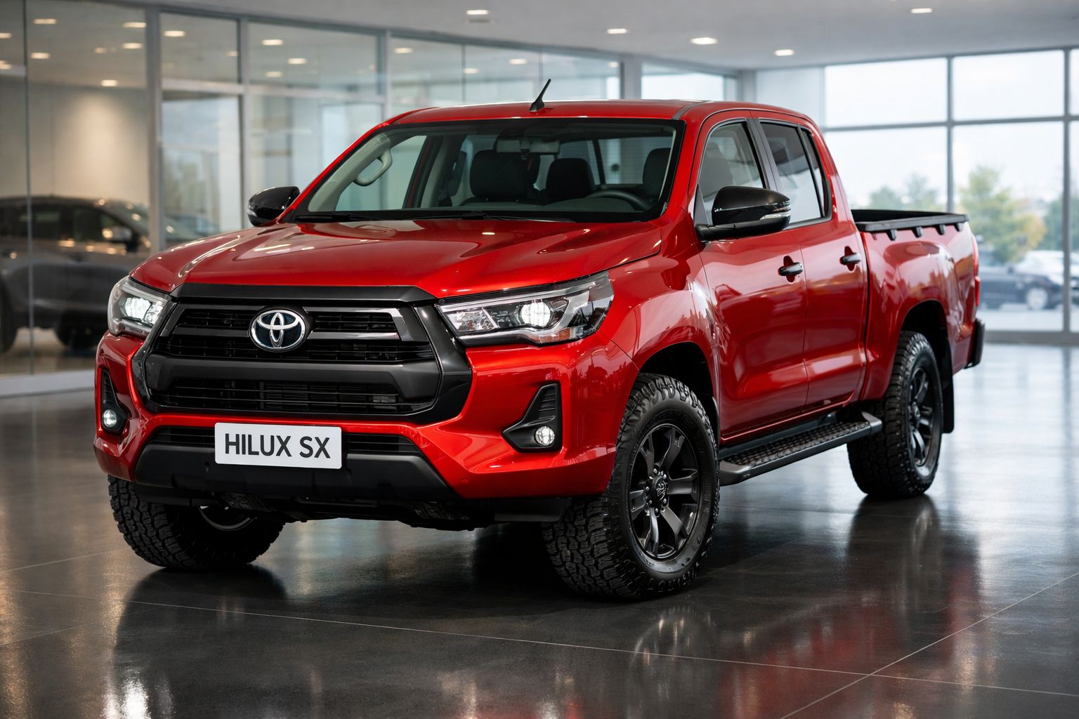 Pick-up Toyota Hilux SX vermelha estacionada interior numa exposição automóvel.