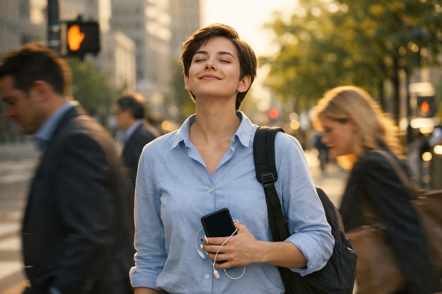 Mulher jovem com camisa azul, olhos fechados e sorriso sereno numa rua movimentada ao pôr do sol.