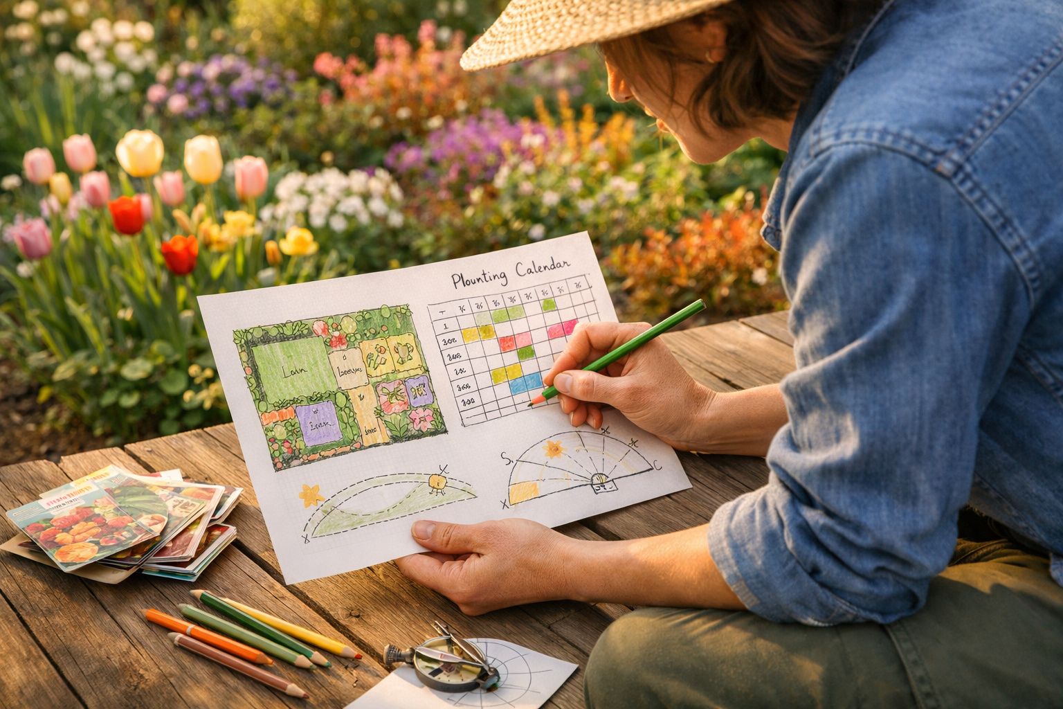 Pessoa a planear calendário de plantação com lápis de cor num jardim florido, sentado numa mesa de madeira.