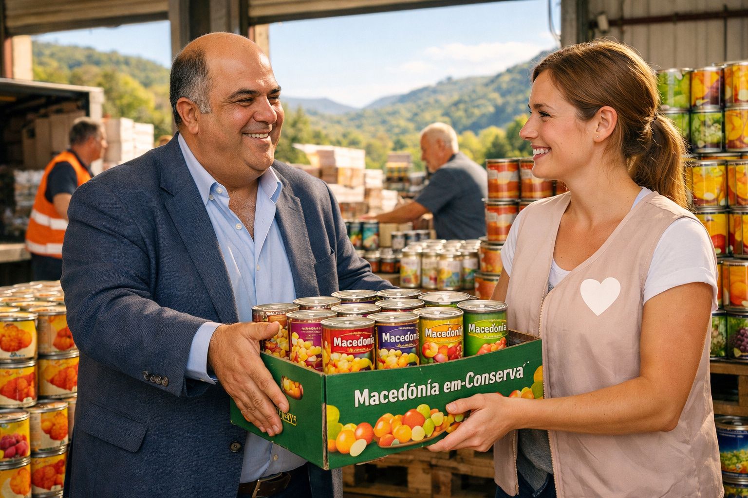 Homem e mulher sorriem enquanto manuseiam caixa de conservas de macedónia num armazém de alimentos.