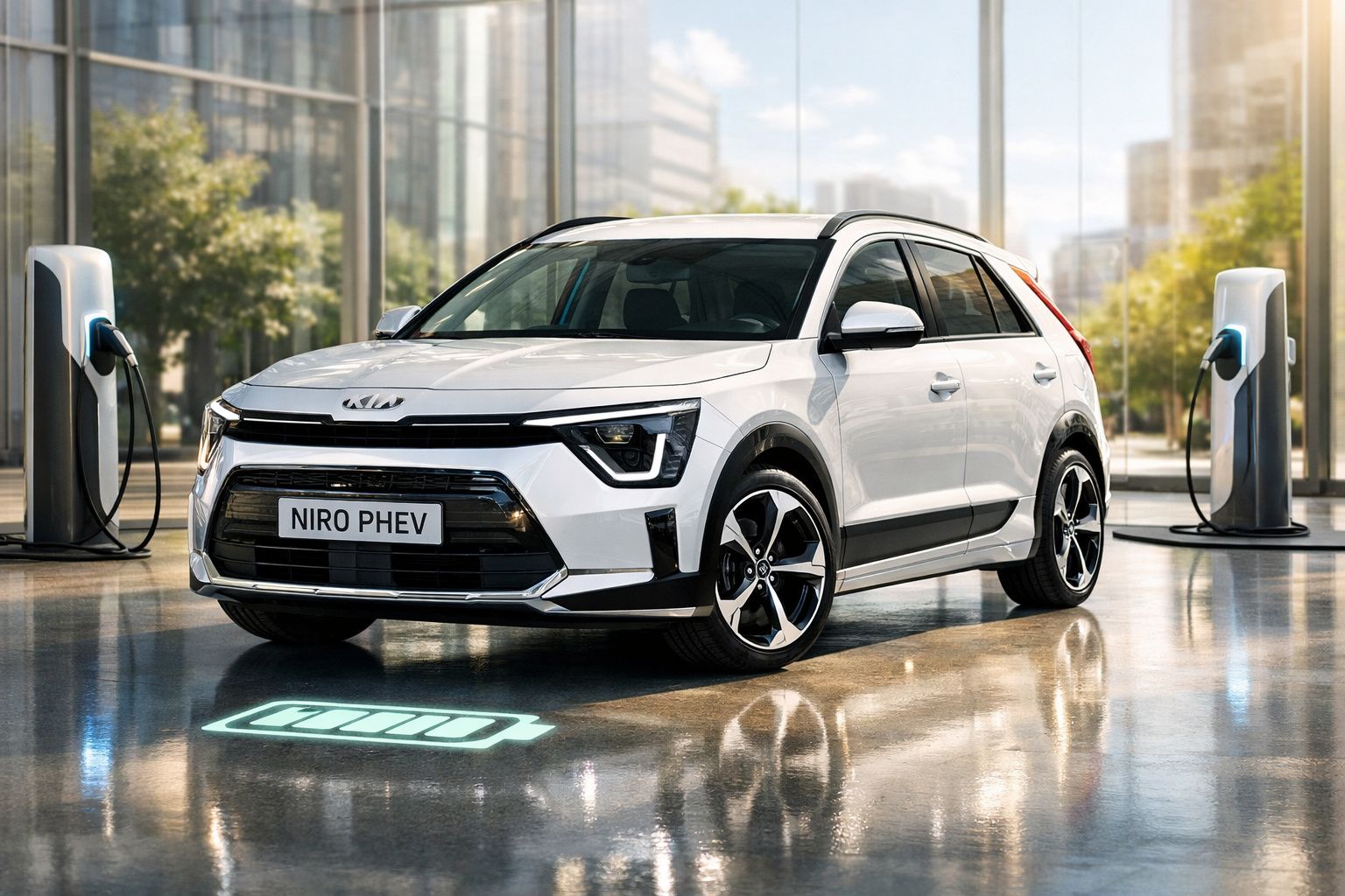 Kia Niro PHEV branco estacionado numa zona urbana a carregar em postos de carregamento elétrico.