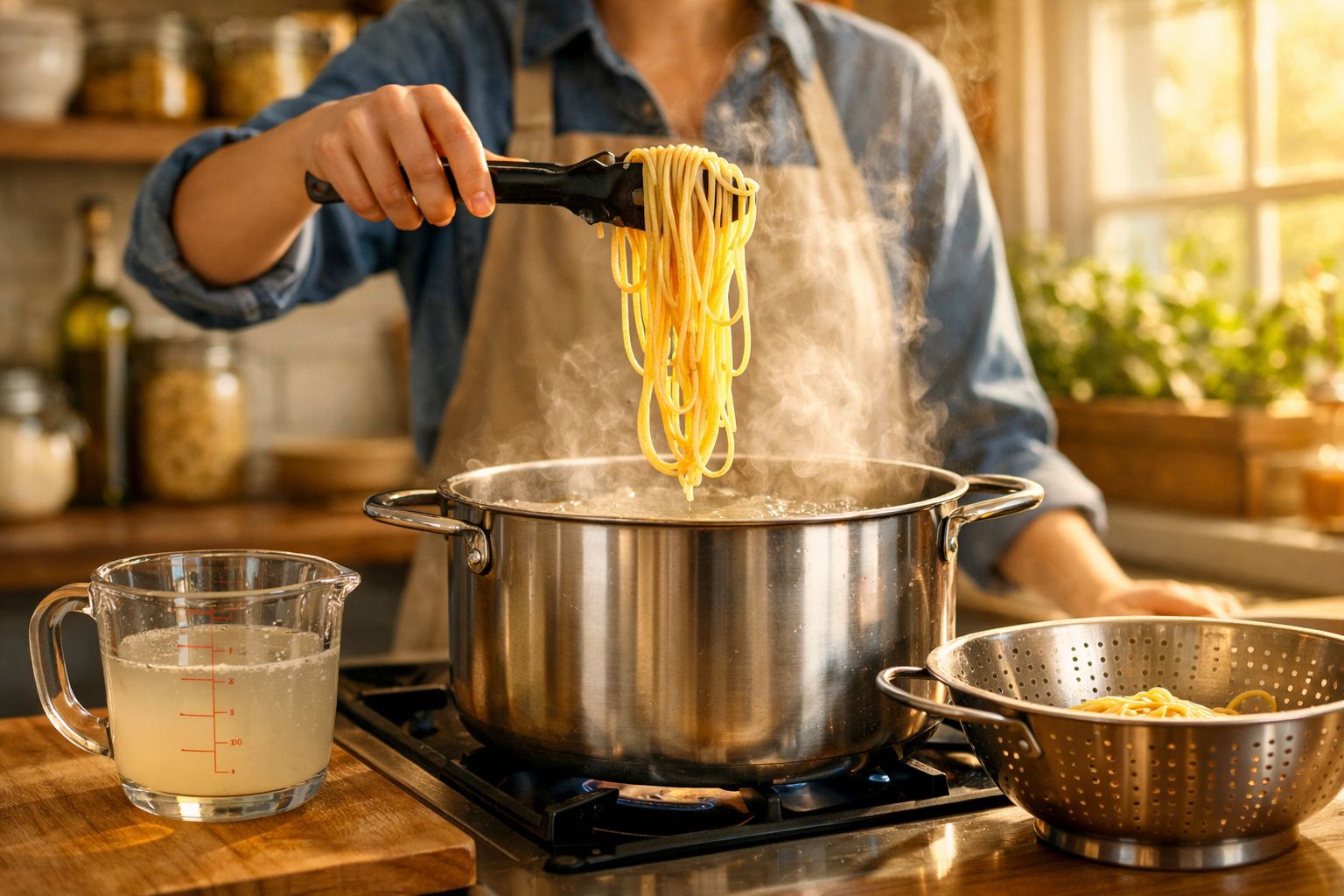 Pessoa a retirar esparguete cozido de panela de inox com pinça numa cozinha iluminada a lume brando.
