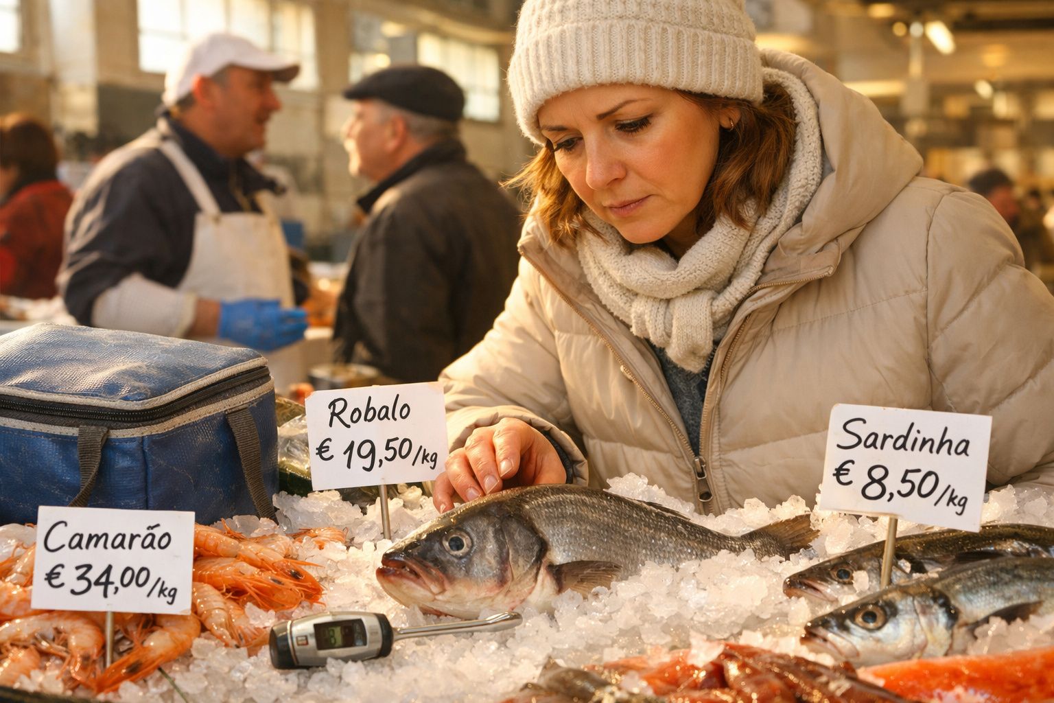 Mulher com casaco e gorro observa peixe num mercado de peixe com preços visíveis.