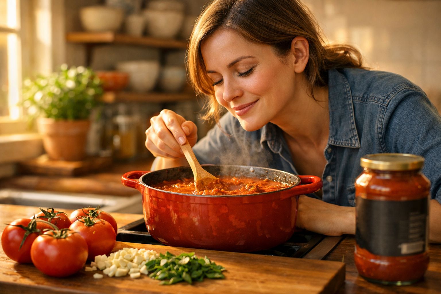 Mulher a cheirar um cozinhado de molho de tomate numa panela vermelha na cozinha acolhedora.