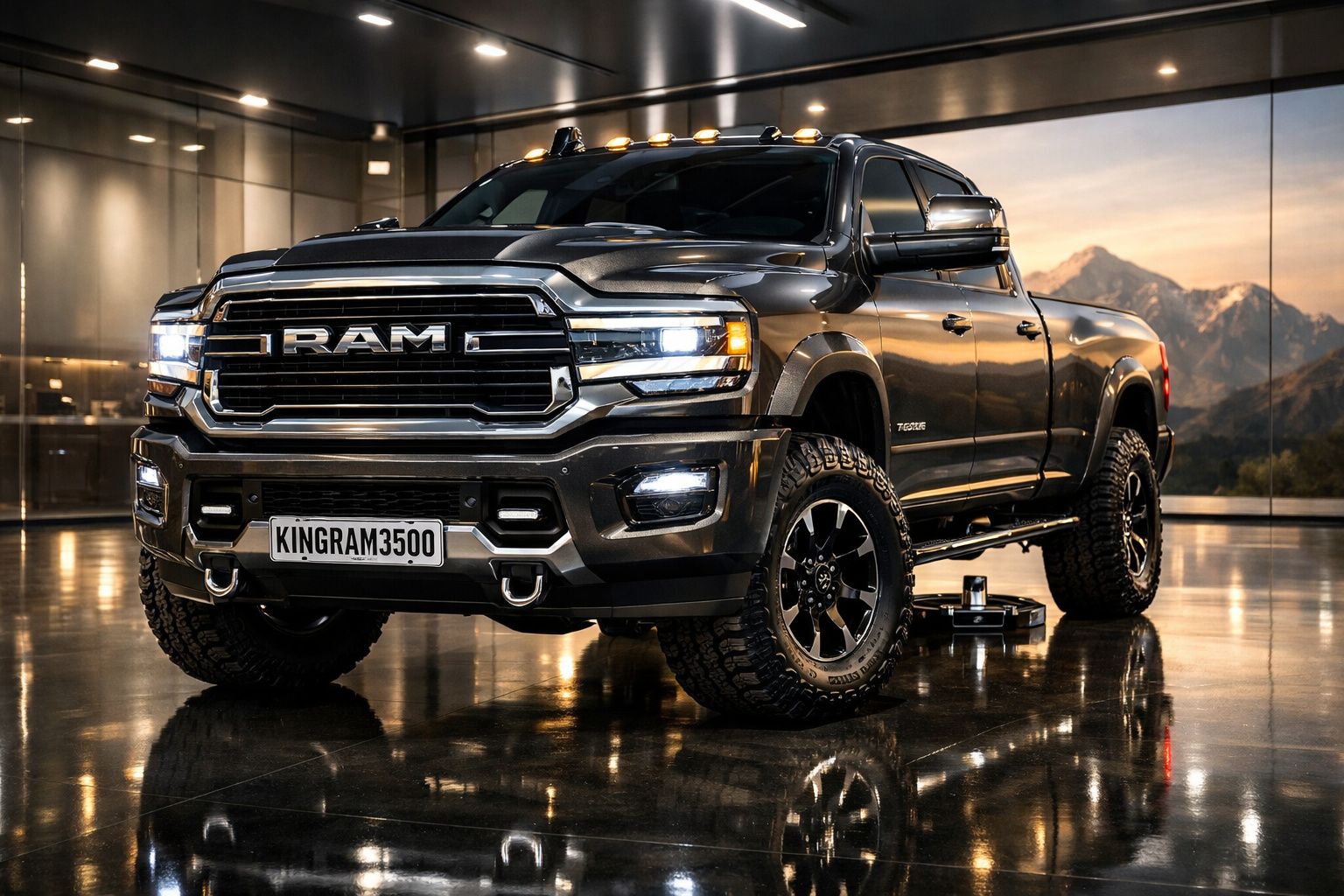 Picape preta RAM Kingram 3500 com faróis ligados, estacionada em piso brilhante com montanhas ao fundo.