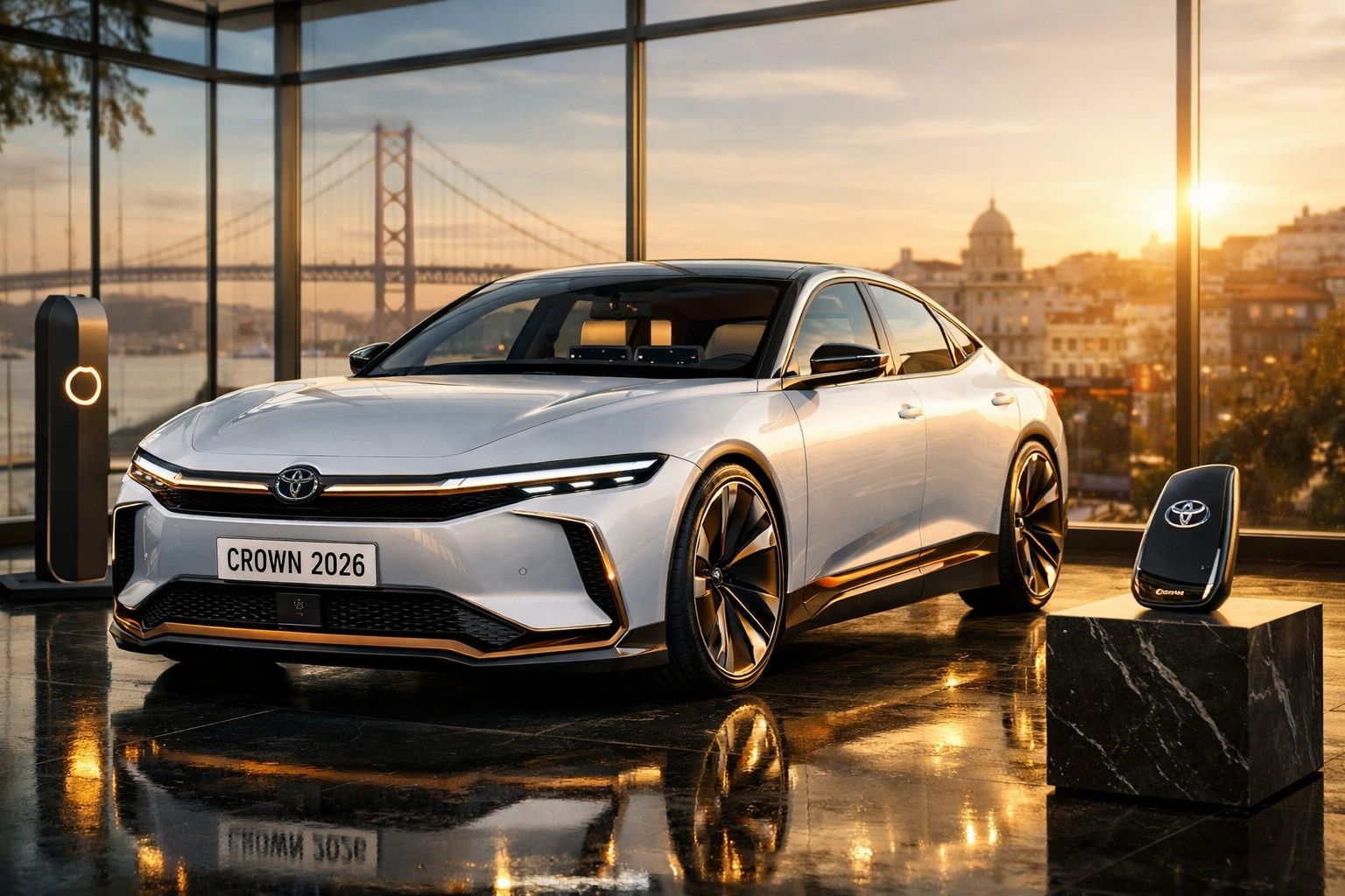 Carro elétrico Toyota Crown 2026 branco estacionado junto a estação de carregamento, com vista urbana ao fundo.