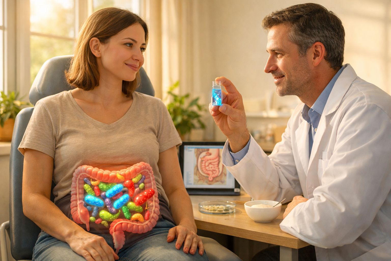 Médico mostra cápsula colorida a paciente com ilustração do intestino e probióticos no estômago.