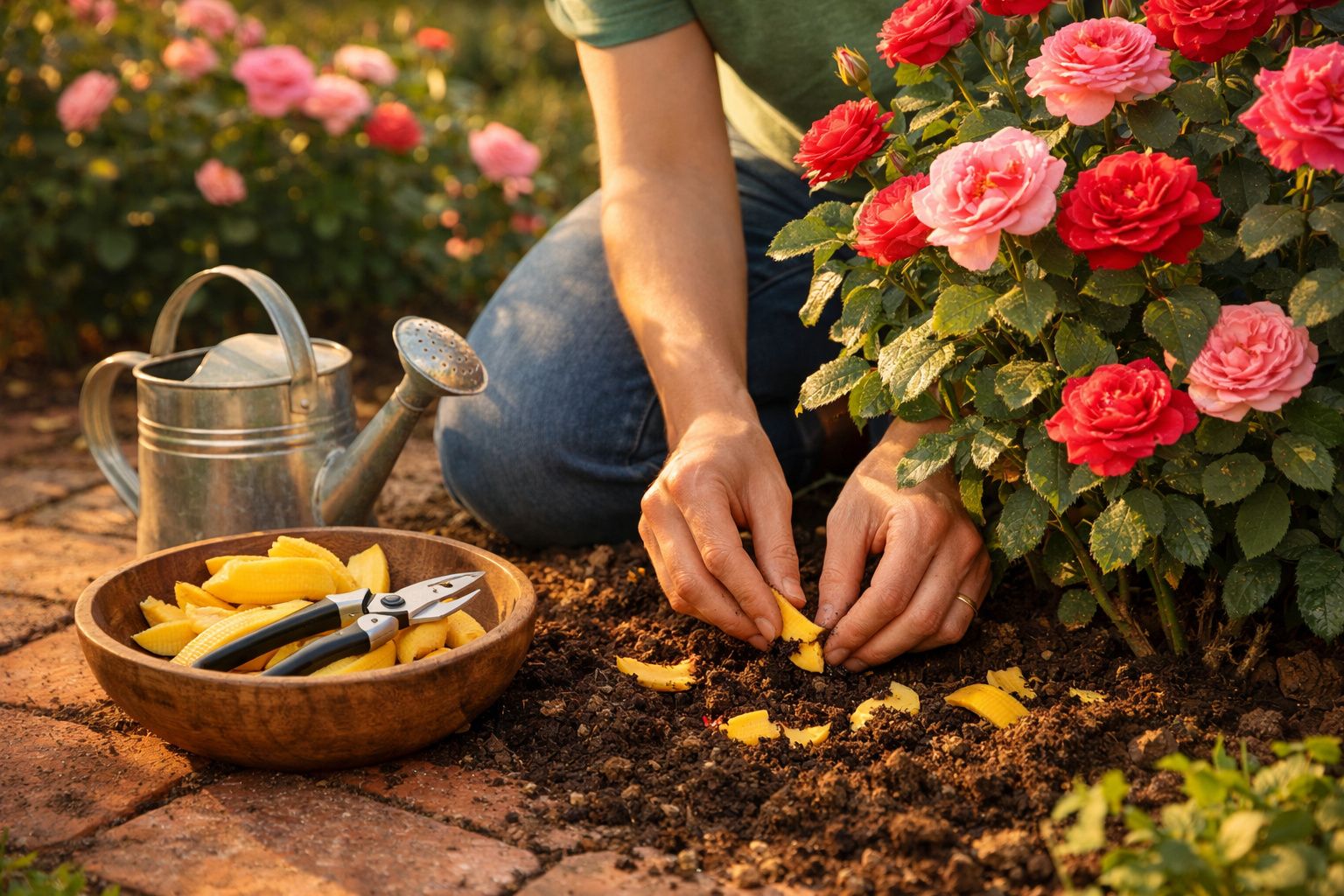 Pessoa a plantar ou cuidar de flores vermelhas e rosas num jardim com regador e podadores perto.