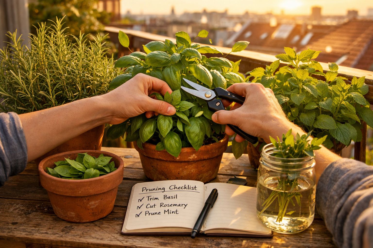Pessoa a cortar folhas de manjericão em vaso, com outros vasos de ervas e lista de tarefas na mesa.
