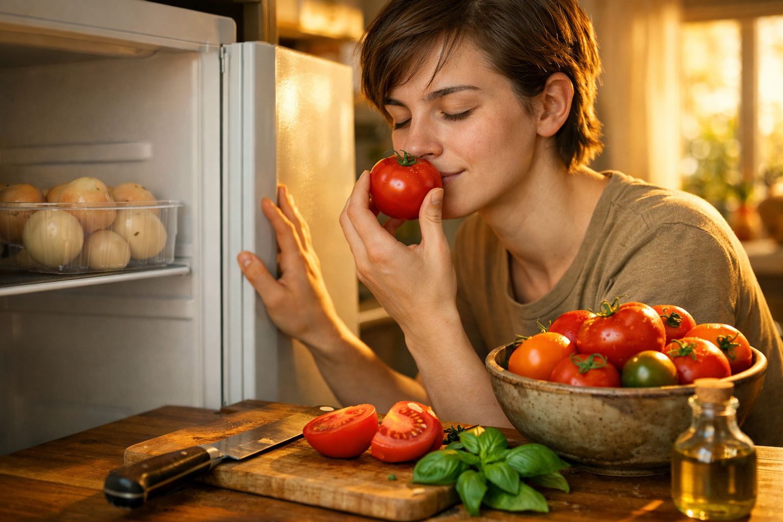 Mulher a cheirar tomate junto a frigorífico aberto, com legumes e ervas numa bancada de cozinha iluminada.