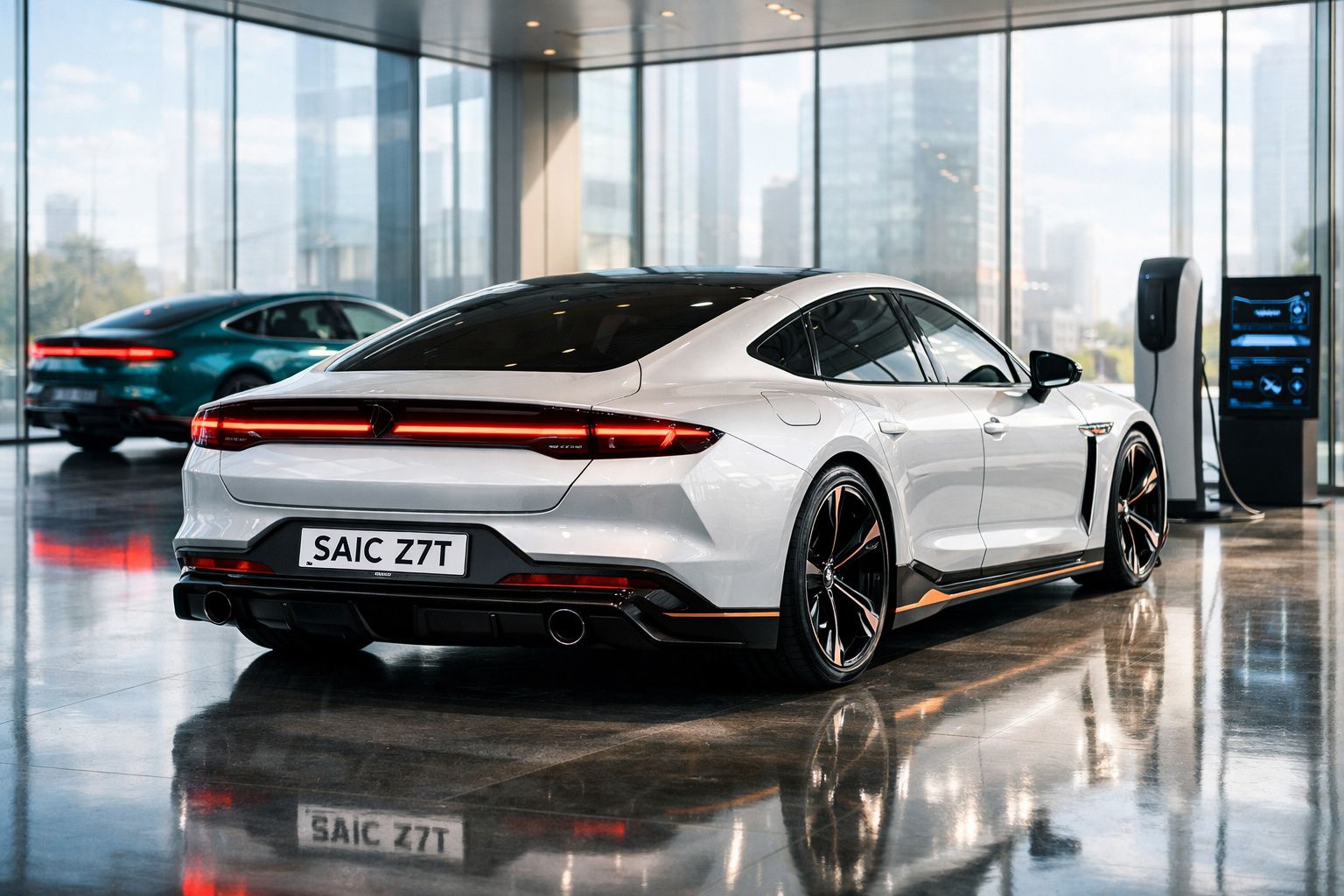 Carro elétrico branco estacionado num showroom moderno com chão refletor e janelas panorâmicas.