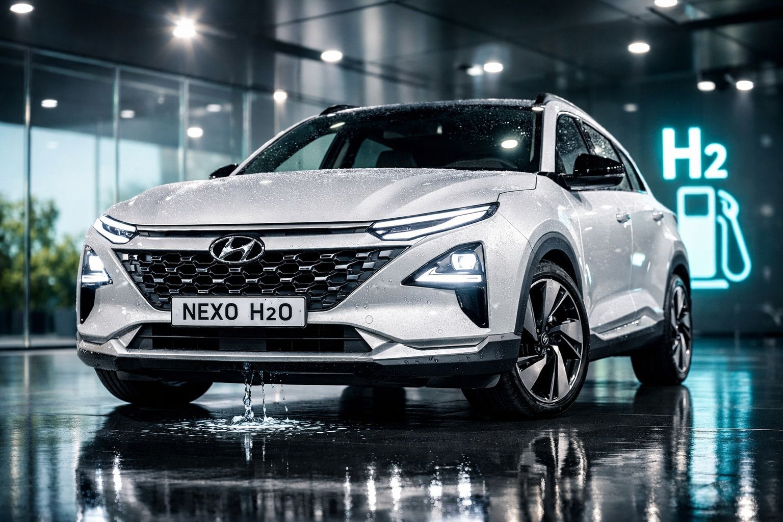 Carro branco Hyundai Nexo H2O com gotículas de água, em ambiente interno com sinal luminoso de hidrogénio.