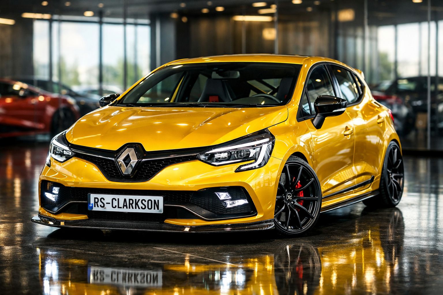 Automóvel Renault desportivo amarelo estacionado em ambiente interior com piso brilhante.