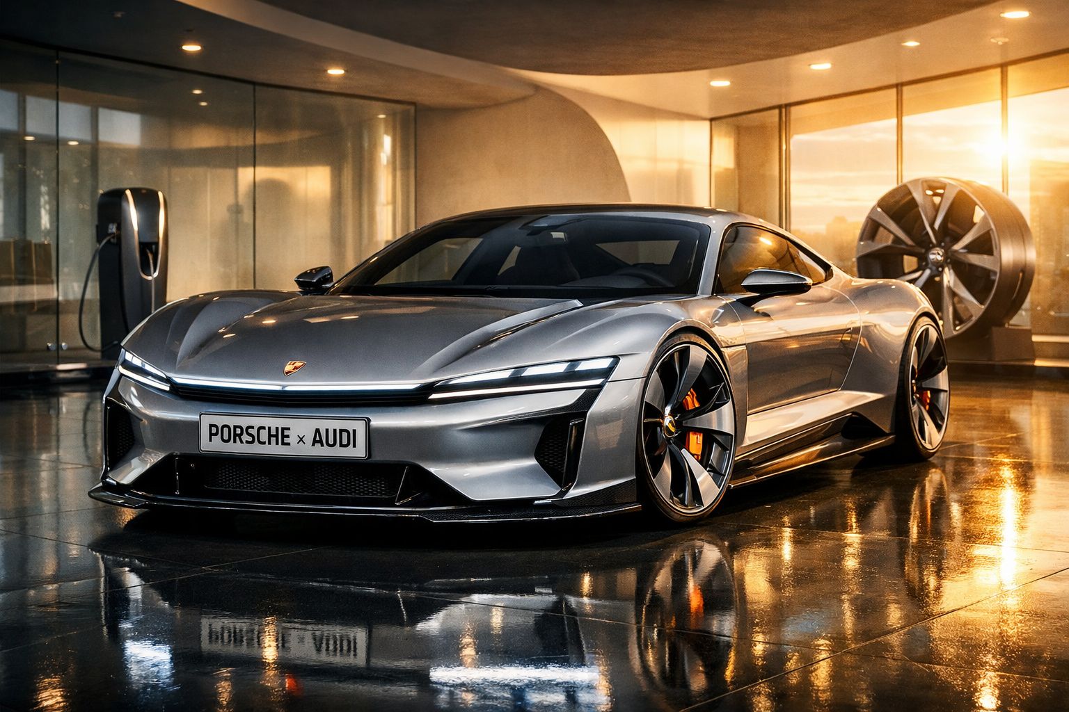 Carro desportivo prateado Porsche x Audi estacionado em ambiente moderno com piso refletor.