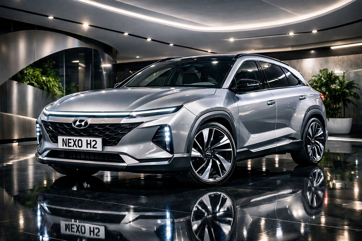 Carro SUV Hyundai Nexo H2 prateado estacionado em ambiente interior moderno com iluminação suave.