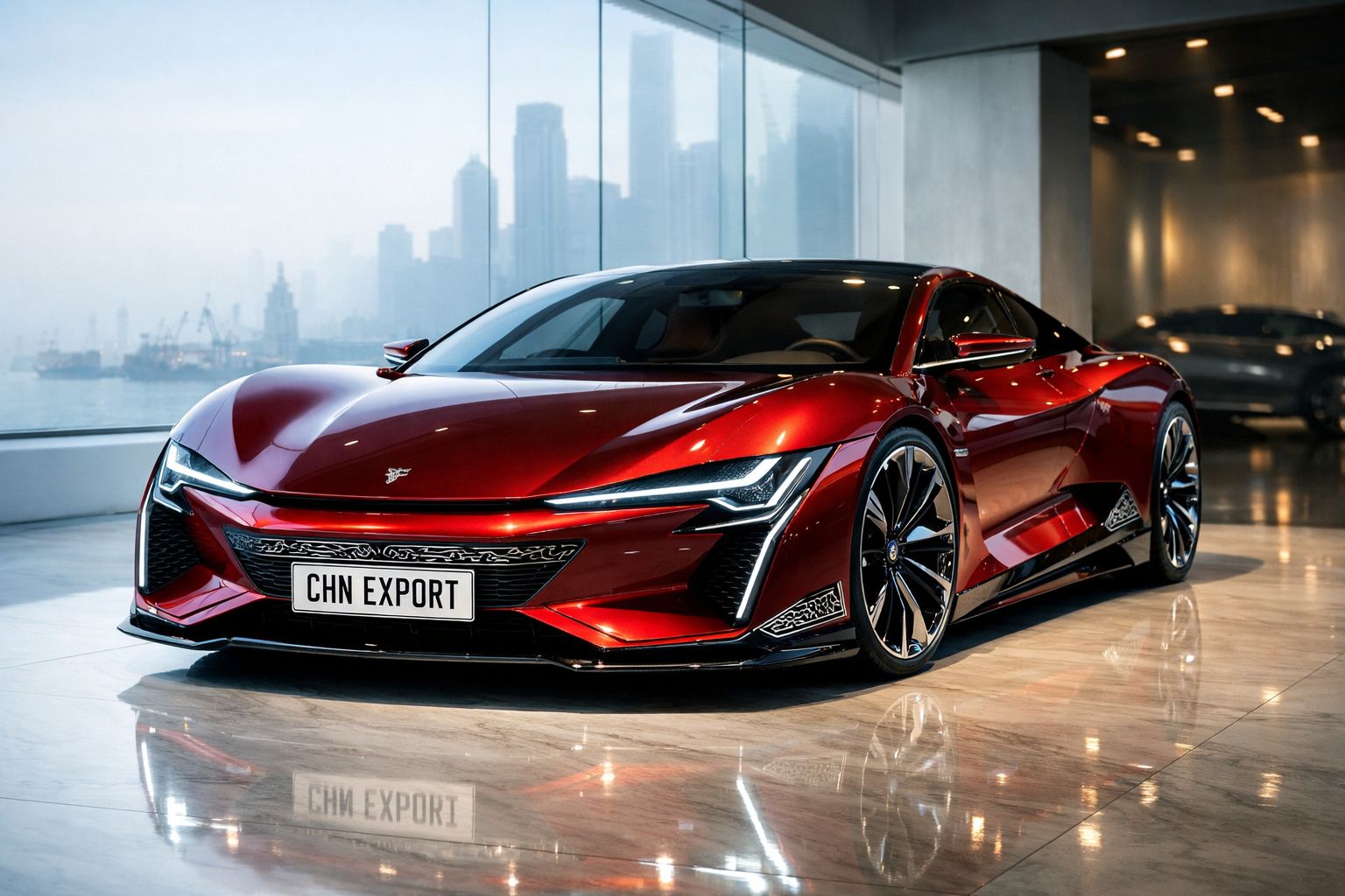 Carro desportivo elétrico vermelho brilhante estacionado numa garagem interior com vista urbana ao fundo.