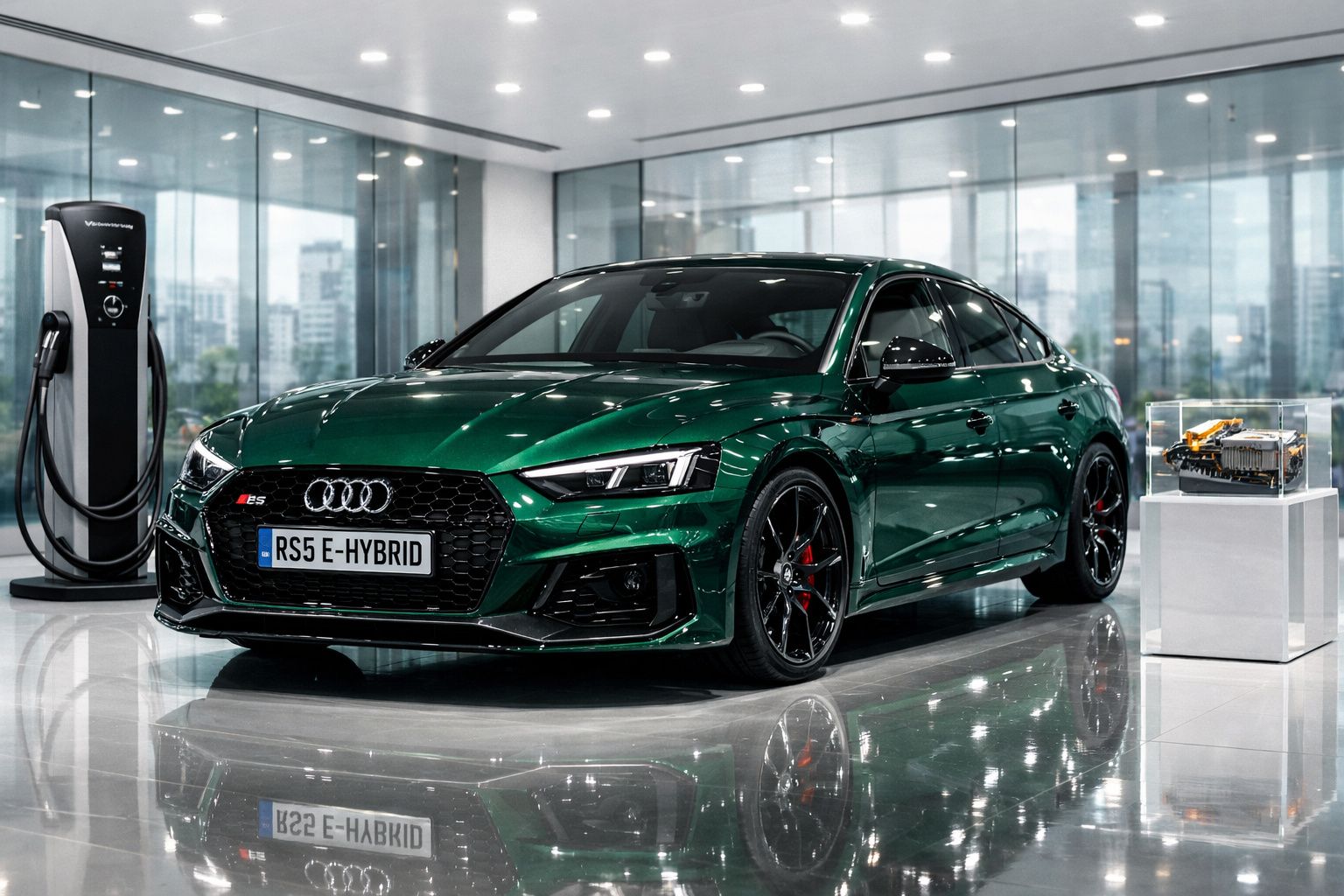 Carro desportivo Audi RS5 E-Hybrid verde estacionado em showroom moderno com estação de carregamento elétrico.
