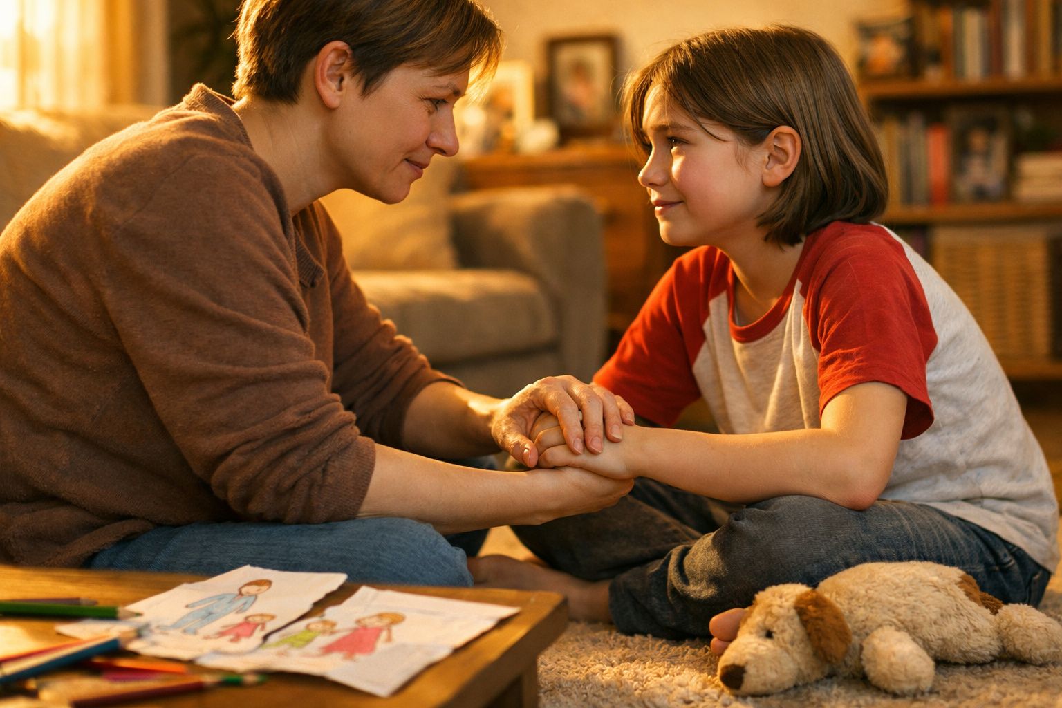 Mulher e criança sentadas no chão, olhando-se com ternura e de mãos dadas numa sala acolhedora.