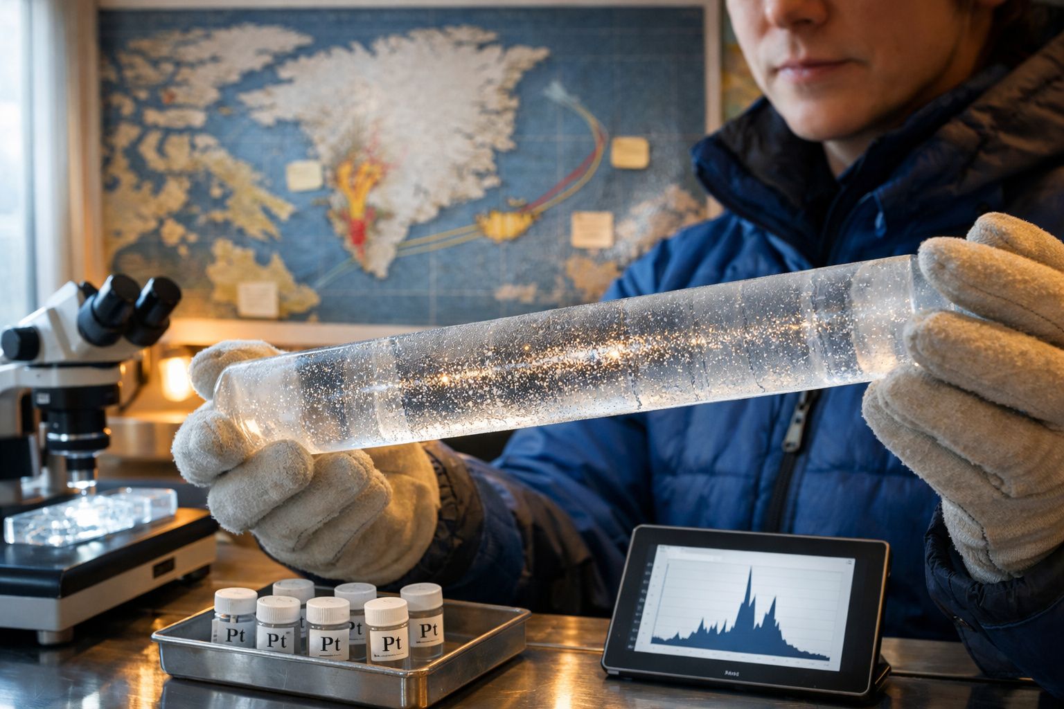 Pessoa com luvas a segurar cilindro de gelo transparente em laboratório com mapa e microscópio ao fundo.