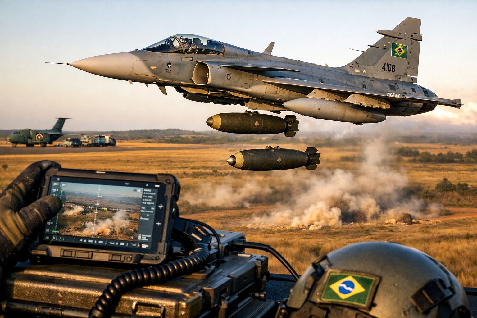 Caça da Força Aérea Brasileira em voo baixo durante exercício militar com bombas simuladas.