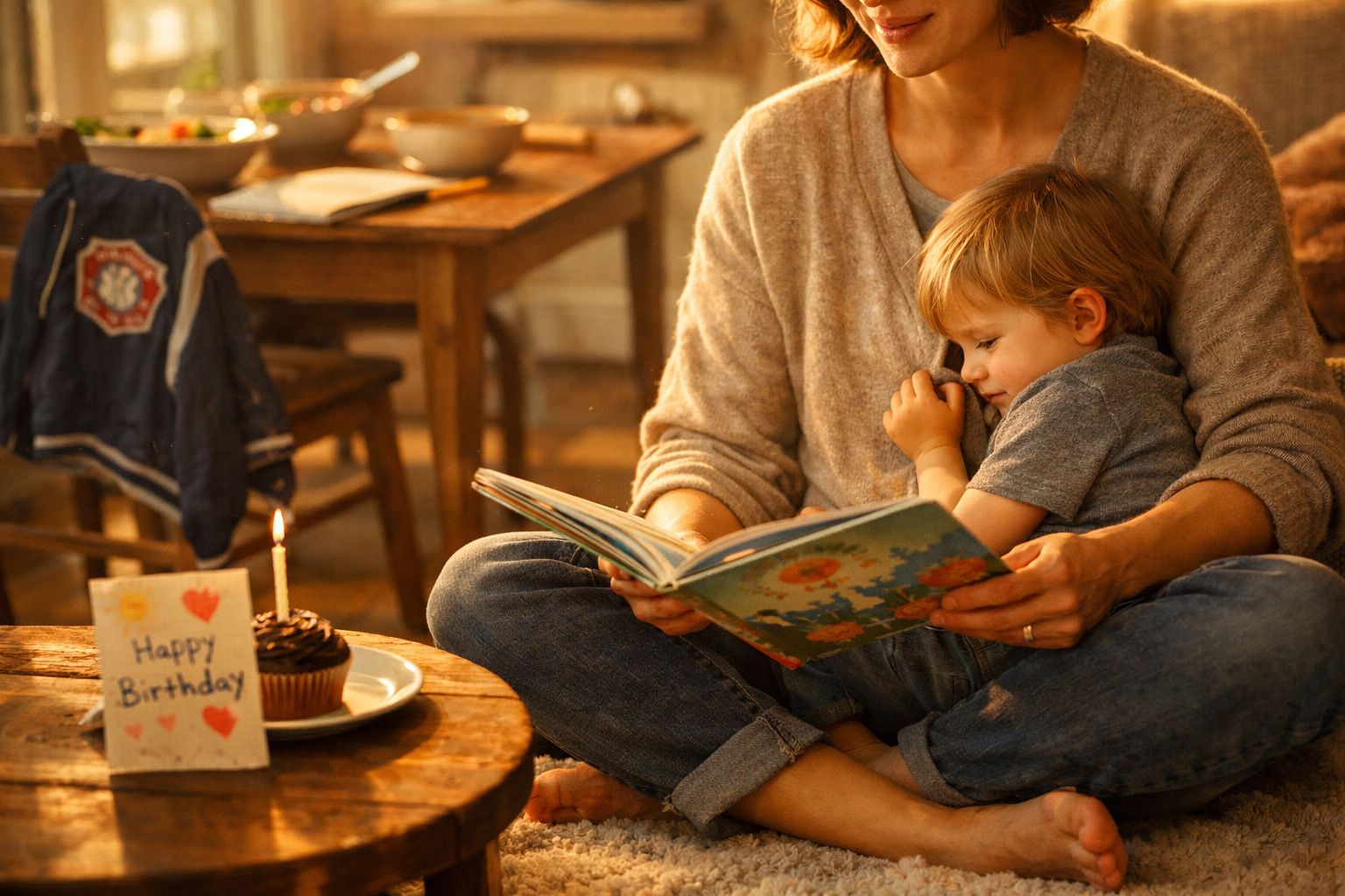 Adulto e criança sentados no chão a ler um livro, com bolo e vela numa mesa ao lado.